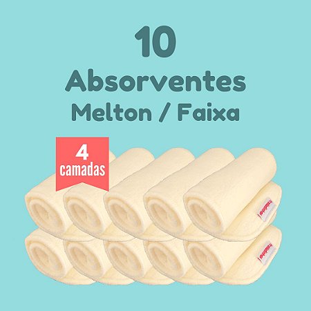Kit com 10 absorventes para fralda ecológica - Melton - 4 camadas - Faixa