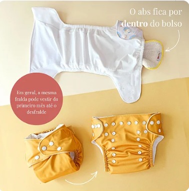 Kit fralda Ecológica Mostarda Lisa com 2 absorventes SuperABS de 4 e 6 camadas