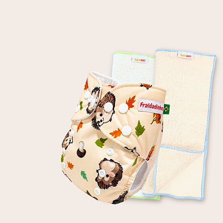 Kit fralda Ecológica Fraldadinhos Ouriço com 2 absorventes melton de 4 e 6 camadas