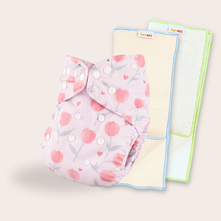 Kit fralda Ecológica Tulipas com 2 absorventes SuperABS de 4 e 6 camadas