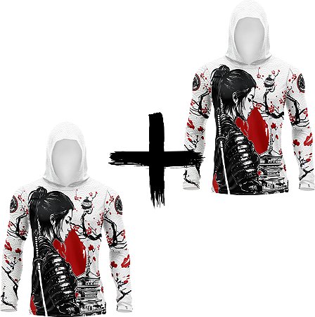Kit 2 Camisas de Pesca Ninja Edition Branco Play Pesca com Capuz by Massa Japonesa com Proteção Uv50+