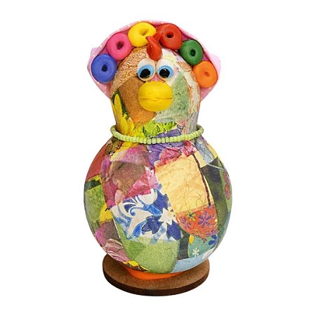 Galinha Decorativa em Cabaça com Bobs Coloridos e Lenço – 13 a 15cm