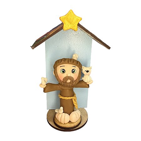 Imagem São Francisco com Gato em Biscuit e Oratório 15cm