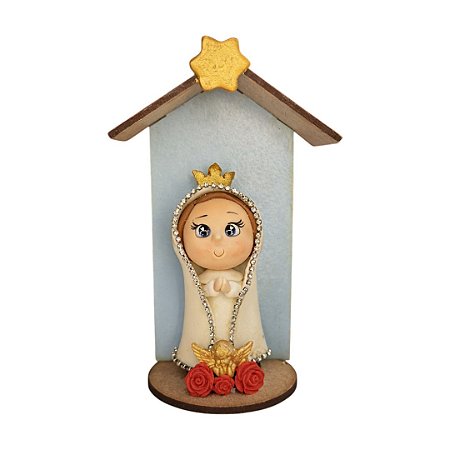 Imagem Nossa Senhora de Fátima Artesanal Biscuit no Oratório MDF 15cm
