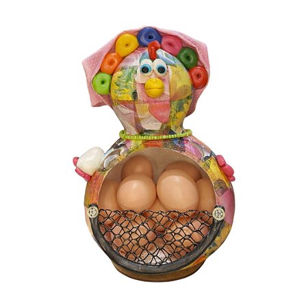 Porta Ovos Galinha Artesanal de Cabaça com Lenço e Bobs - 26 a 29cm