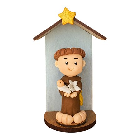 Imagem Santo Antônio de Biscuit no Oratório MDF 12cm Artesanal