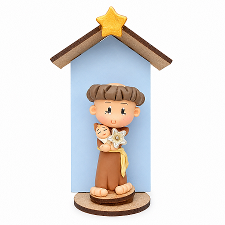 Imagem de Santo Antônio com Menino Jesus em Biscuit Artesanal no Oratório MDF 12cm