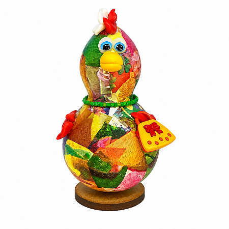 Galinha Decorativa em Cabaça com Bolsa Colorida Artesanal 10-12cm