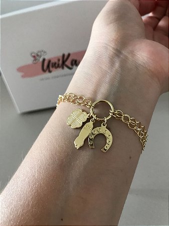 Pulseira Elos com Patuá e Olho Grego Folheada em Ouro 18K