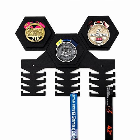 Porta Medalhas Hexagonal Modular 24 Ganchos + 2 Módulos Expositores Hexagonais Sextavados