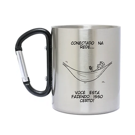 Caneca Inox com Mosquetão Conectado na Rede