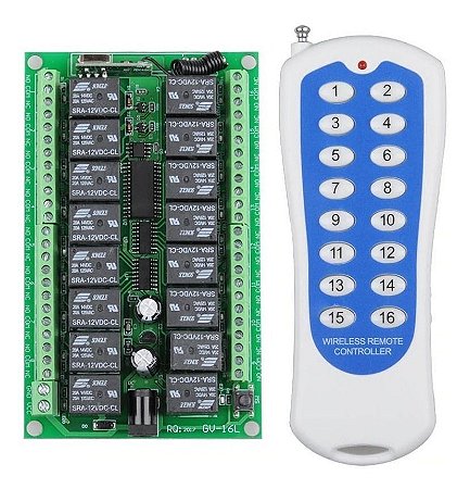 CONTROLE REMOTO RF433MHZ COM CENTRAL RECEPTORA A RELE 16 CANAIS 12V