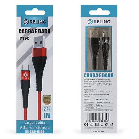 CABO TYPE C USB DE DADOS 2.4A COM 1 METRO - RE-CBO-6106