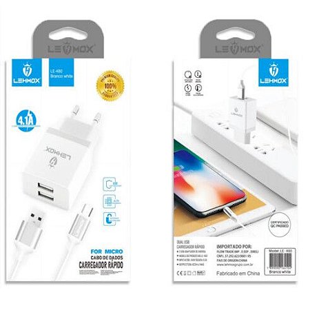 CARREGADOR DE TOMADA COM 2 PORTAS USB E CABO V8 4.1A - LE-480