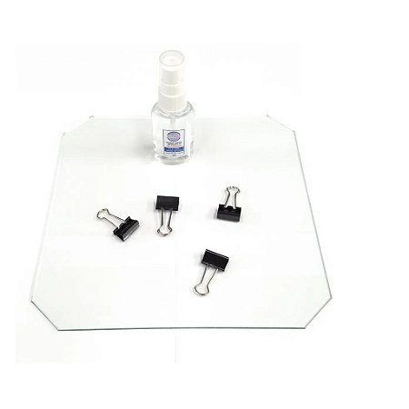 Kit Base de vidro 215 x 215mm para impressoras 3D com presilha e adesivo