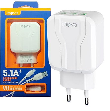 CARREGADOR DE CELULAR 5.1A 3 PORTAS USB E CABO LIGHTNING INOVA - CAR-3257A
