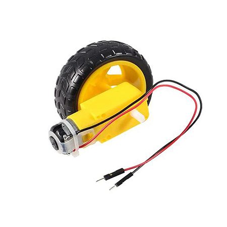 MOTOR DC 3-6V COM CAIXA DE REDUCAO E EIXO DUPLO + RODA 68MM + JUMPERS SOLDADOS