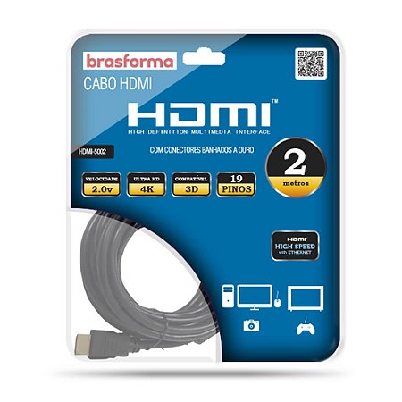 Cabo HDMI de Alta Definição 2.0 com 2m Brasforma HDMI5002