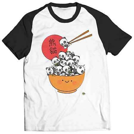 Camiseta Panda Onigiri Bichinho Kawaii Geek Raglan Unissex
