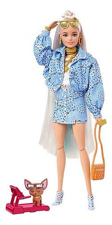 Barbie Loira Extra Com Pet, Jaqueta Azul Fashion Mattel