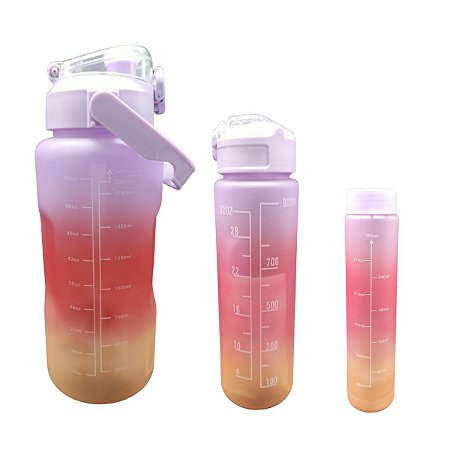 Kit 3 Garrafas Squeeze 2l- 900ml-300ml Adesivo Canudo Lilas