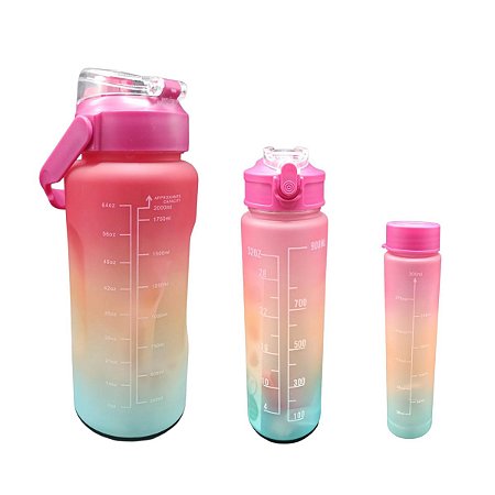 Kit 3 Garrafas Squeeze 2l- 900ml-300ml Adesivo Canudo - Pink