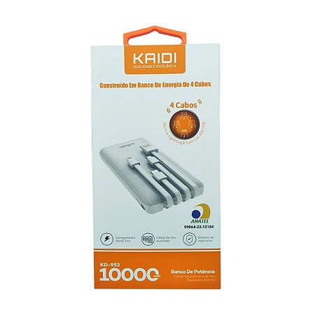 Carregador Power Bank Kaidi 10000mah Portatil 4 Cabos Branco