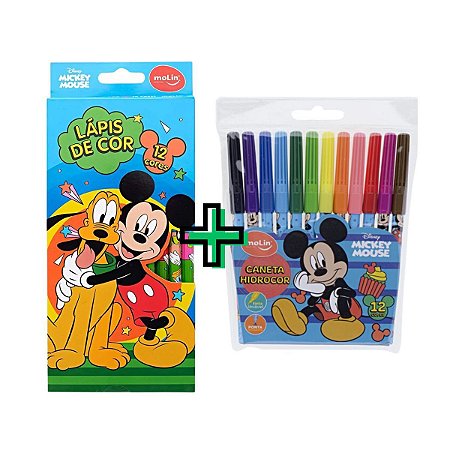 Kit Mickey Mouse Escolar Canetinha + Lápis De Cor Molin