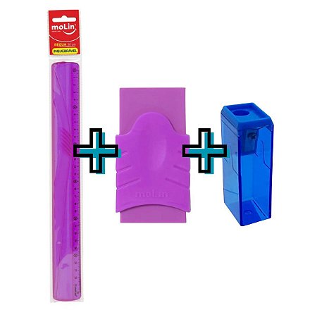 Kit Régua + Apontador + Borracha Roxo Molin Neon Escolar