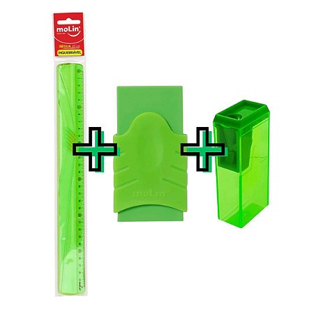 Kit Régua + Apontador + Borracha Verde Molin Neon Escolar