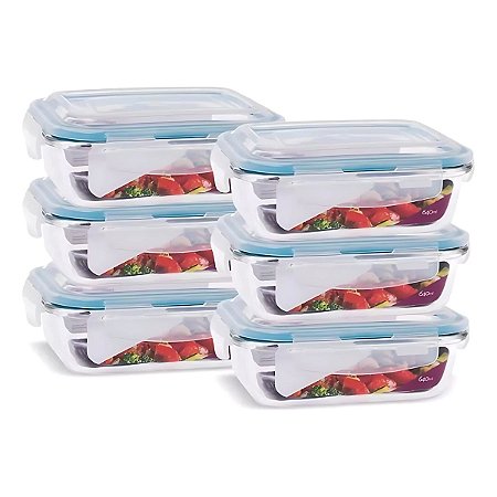 6 Potes Vidro Retangular 640ml Hermético Quality House