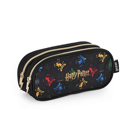 Estojo Duplo Preto Escolar Harry Potter Em Poliéster Luxcel