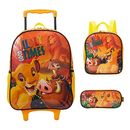 Kit Rei Leão Mochila Com Rodas + Lancheira + Estojo Xeryus