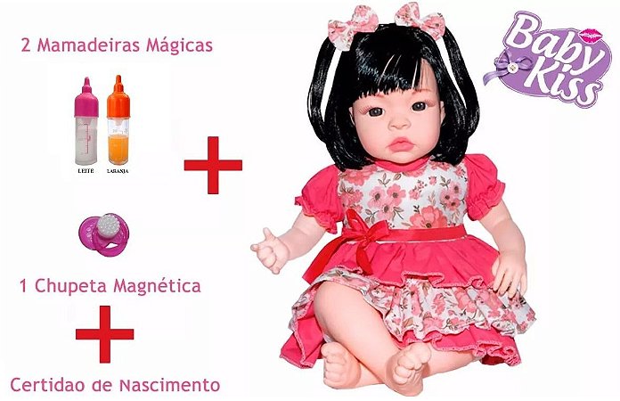 Boneca Estilo Bebe Reborn Ninos Kiss + Kit Chupeta Magnética