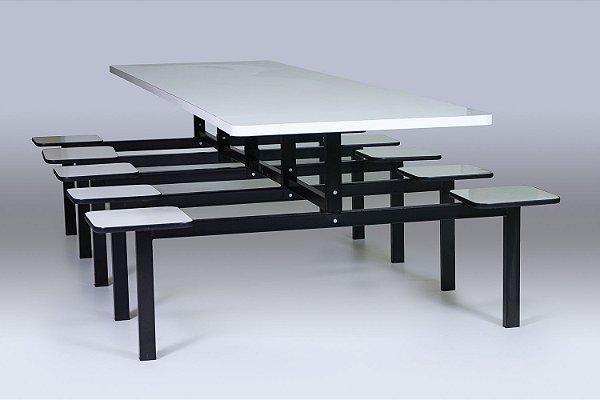 Mesa de refeitório 6 lugares com banco acoplado Branco/Preto