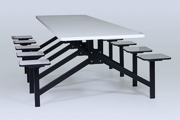 Mesa de refeitório 8 lugares modelo W com banco acoplado Branco/Preto