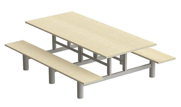Mesa de refeitório 18mm com 6 lugares com bancos inteiriço acoplado Maple/Alumínio