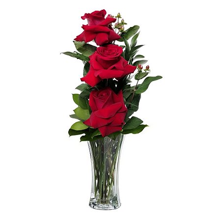 Arranjo com 03 Rosas Colombianas Vermelhas no Vaso de Vidro
