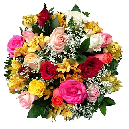 Buquê com 18 Rosas Coloridas Nacionais e Astromélias