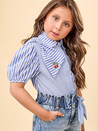 Camisa Listrada com Laço e Detalhe de Cereja Animê