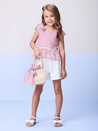 Conjunto blusa listrada e short branco | Momi