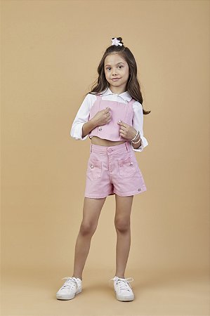 Conjunto em sarja color com bordados rosa | Gabriela Aquarela