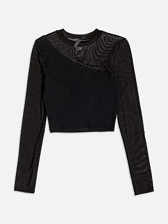 Blusa manga longa preta de tule com recortes | Iam Authoria