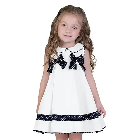 Vestido branco tricoline com laço azul marinho | Milon