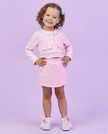 Conjunto short saia moletinho bordado pink | Gabriela Aquarela