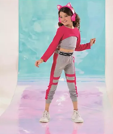 Conjunto calça mescla e blusa com cropped  pink | Gabriela Aquarela