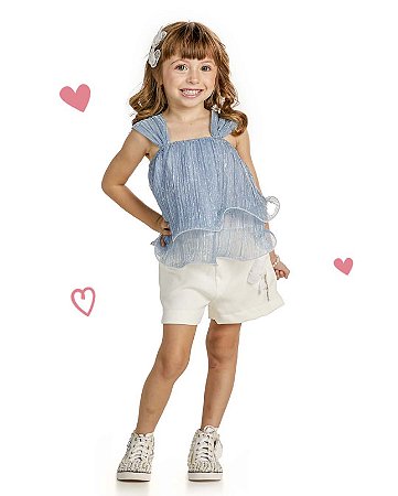 Conjunto short bordado e bata azul | Gabriela Aquarela