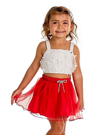 Conjunto saia de tule vermelho e blusa borboleta | Gabriela Aquarela