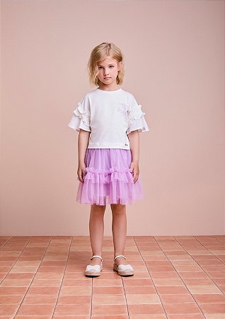 Conjunto de babados saia de tule roso e blusa branca | Animê