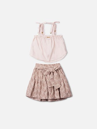 Conjunto blusa branca e saia bege com laço | Animê